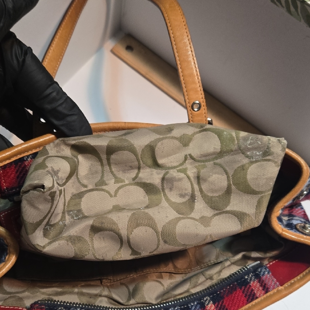 Coach Plaid Tote with Red and Brown Leather - Picture 13 of 16